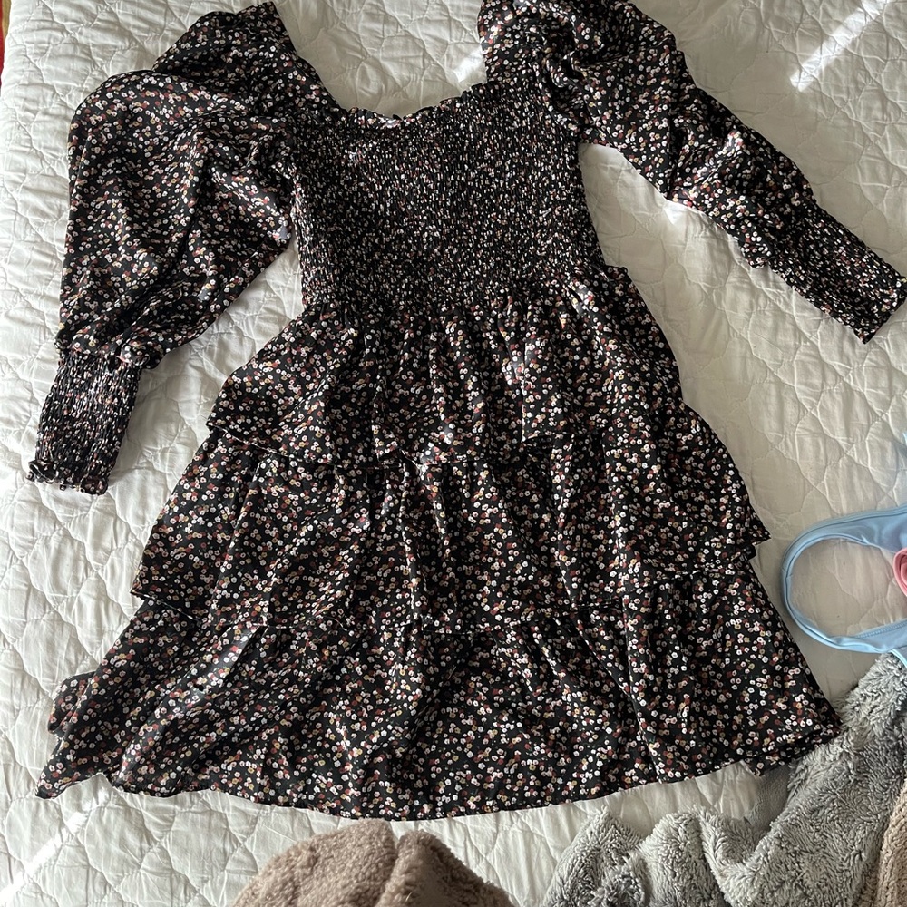 Square Neck Ruffle Long Sleeve Floral Print Tiered Mini Dress/ Black Floral